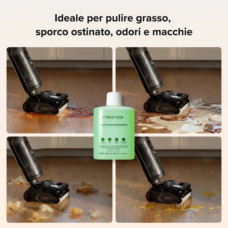 Soluzione detergente schiumogena per pavimenti da 480 ml – Compatibile con l’aspirapolvere lavapavimenti Roborock F25 ACE Pro, formula con pochi residui