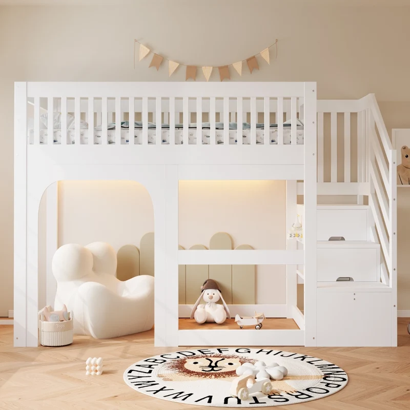 Letto a Soppalco Bambini 90x200 cm in Legno Bianco con Scale e Contenitore; Spazio Gioco e LED