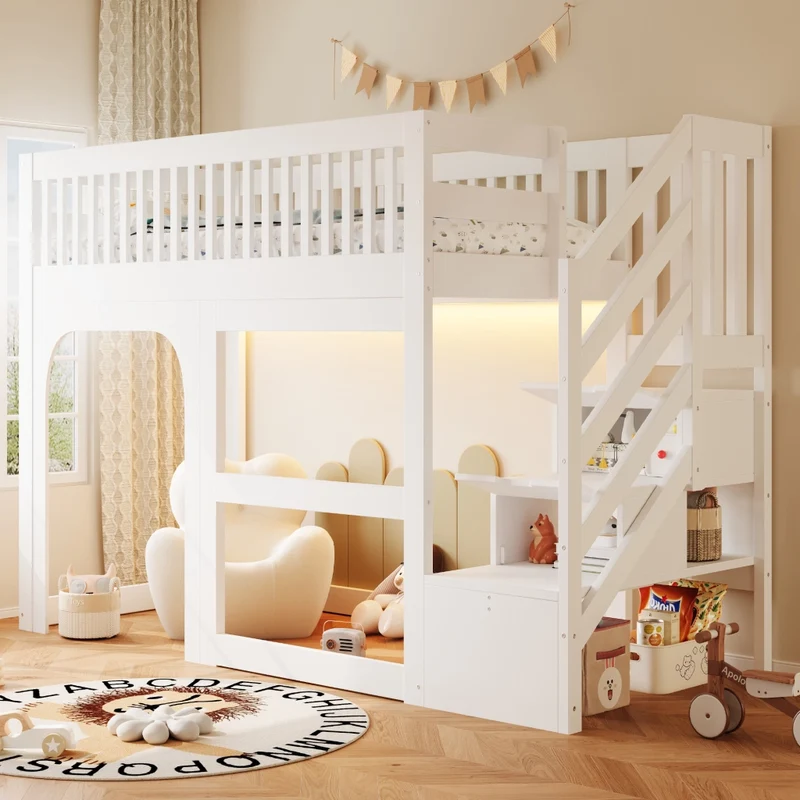 Letto a Soppalco Bambini 90x200 cm in Legno Bianco con Scale e Contenitore; Spazio Gioco e LED