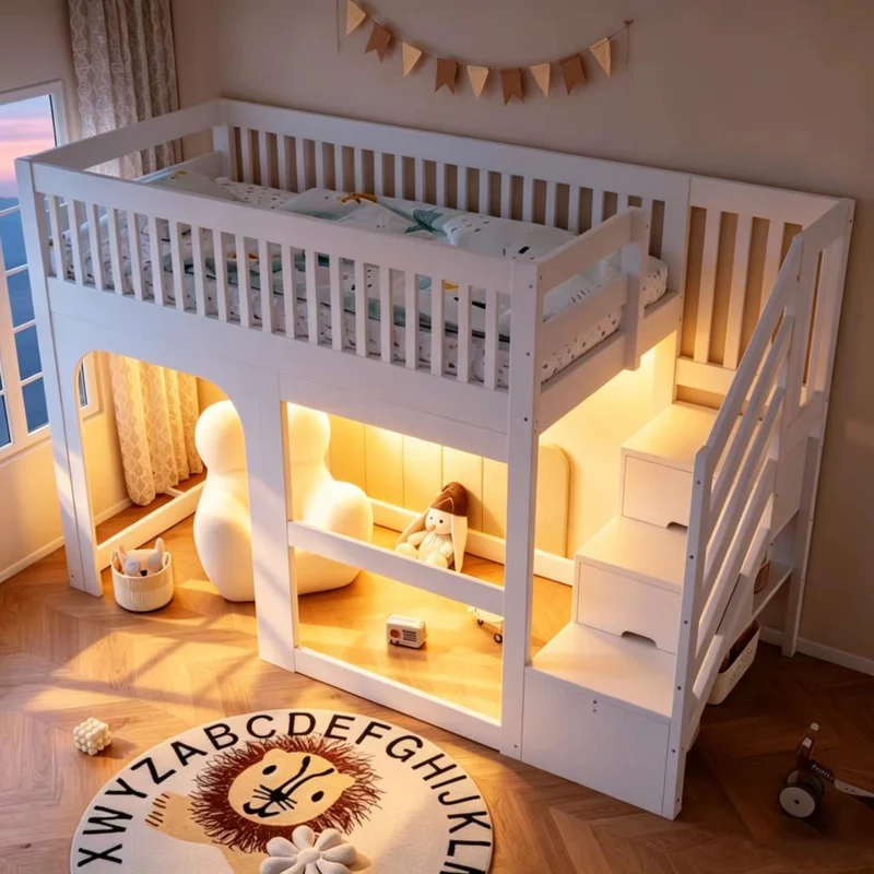 Letto a Soppalco Bambini 90x200 cm in Legno Bianco con Scale e Contenitore; Spazio Gioco e LED