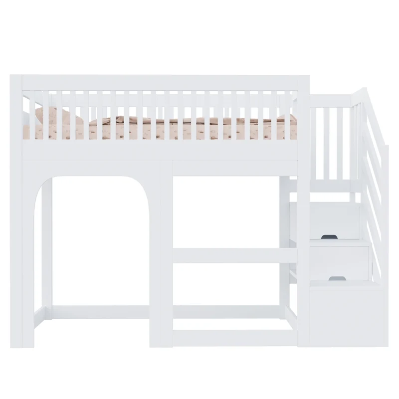 Letto a Soppalco Bambini 90x200 cm in Legno Bianco con Scale e Contenitore; Spazio Gioco e LED
