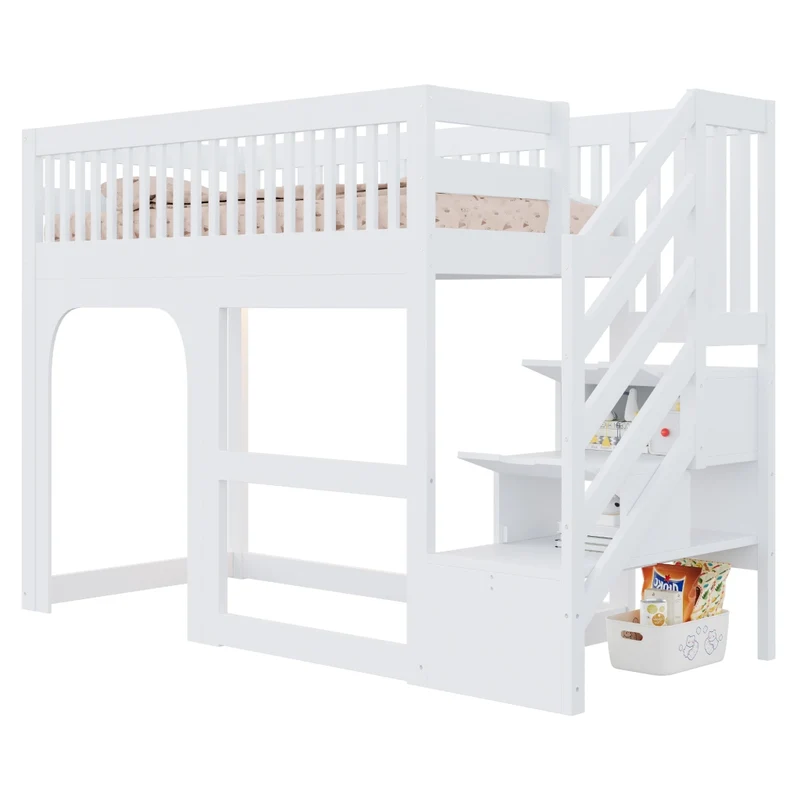 Letto a Soppalco Bambini 90x200 cm in Legno Bianco con Scale e Contenitore; Spazio Gioco e LED