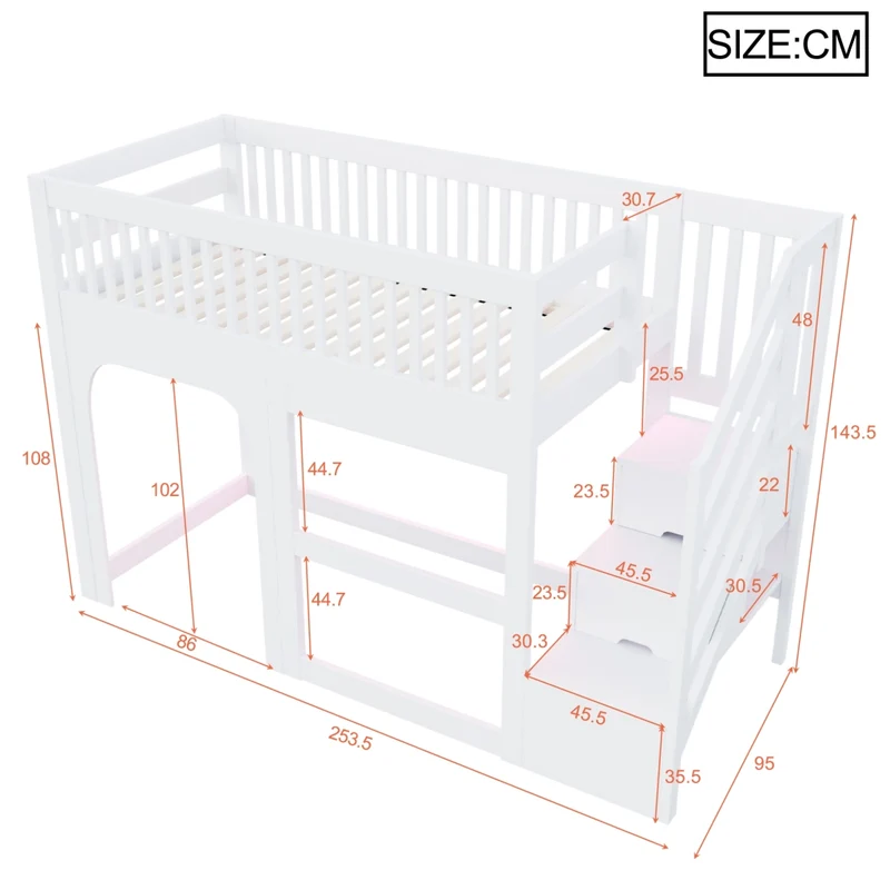 Letto a Soppalco Bambini 90x200 cm in Legno Bianco con Scale e Contenitore; Spazio Gioco e LED