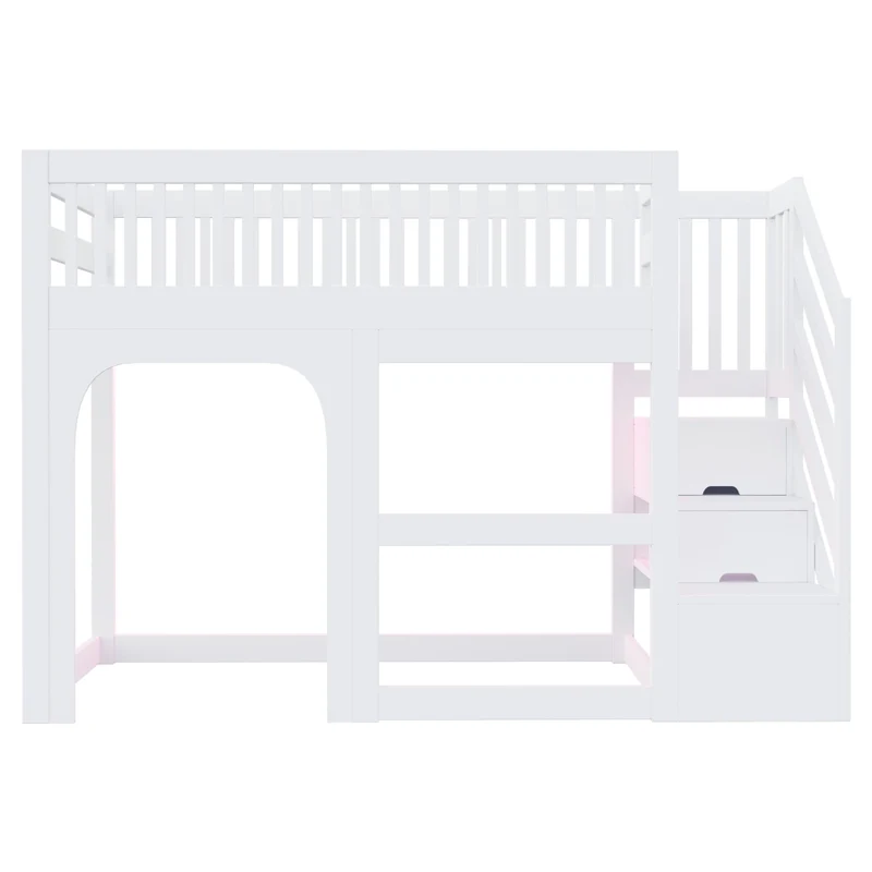 Letto a Soppalco Bambini 90x200 cm in Legno Bianco con Scale e Contenitore; Spazio Gioco e LED
