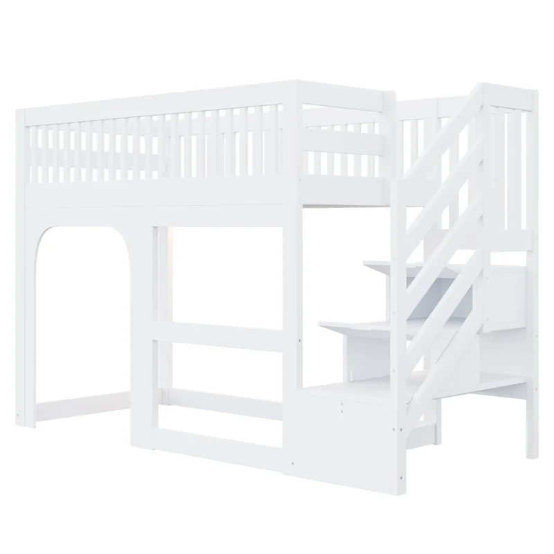 Letto a Soppalco Bambini 90x200 cm in Legno Bianco con Scale e Contenitore; Spazio Gioco e LED