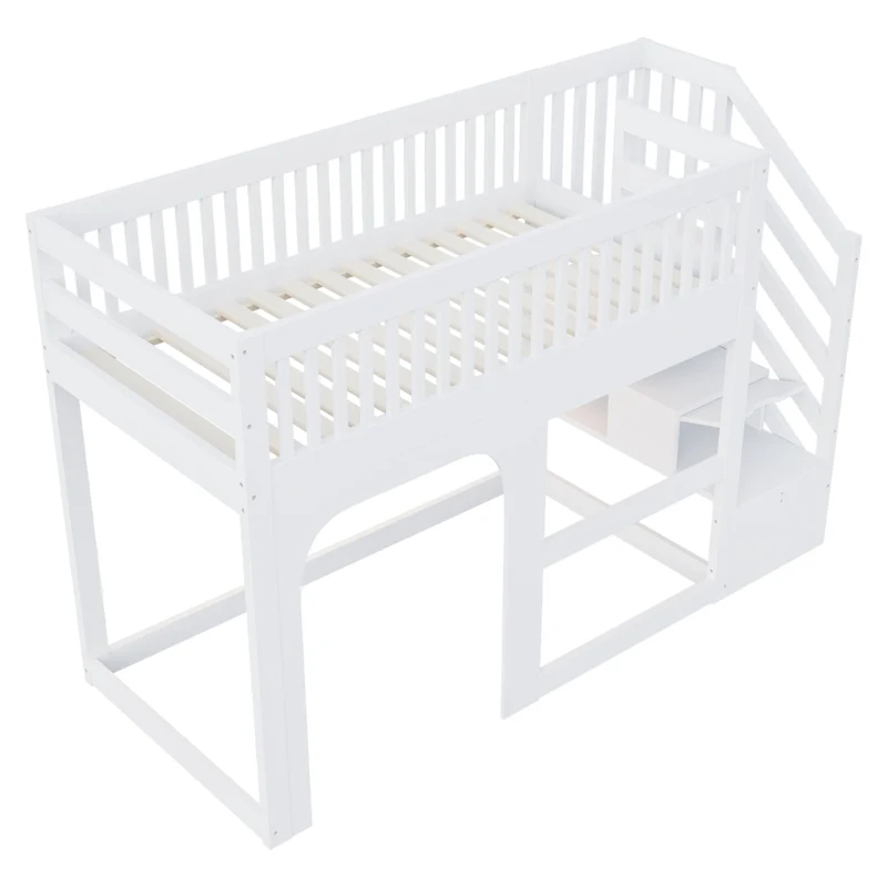 Letto a Soppalco Bambini 90x200 cm in Legno Bianco con Scale e Contenitore; Spazio Gioco e LED