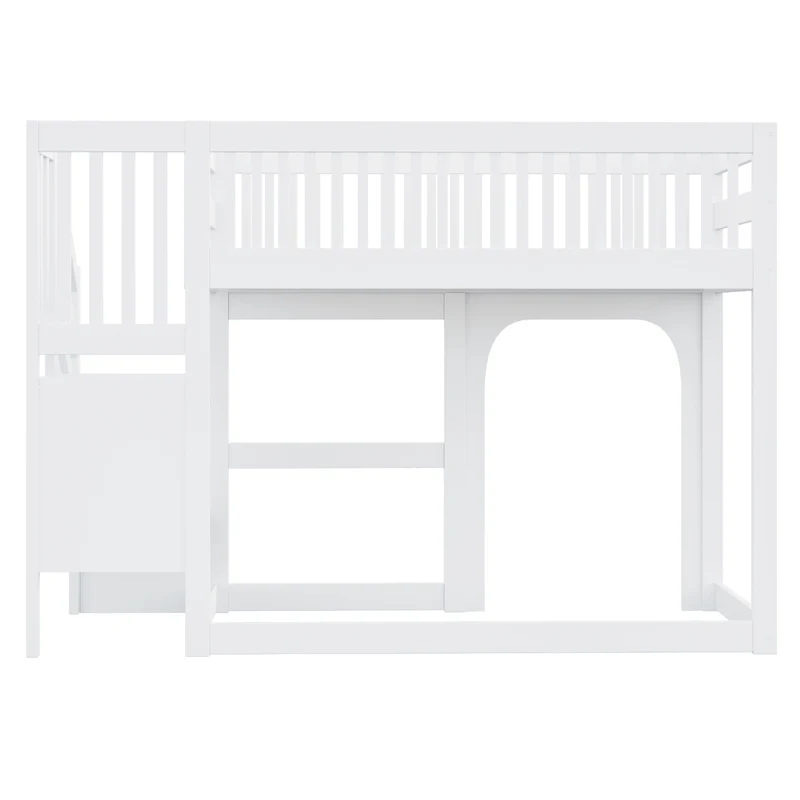 Letto a Soppalco Bambini 90x200 cm in Legno Bianco con Scale e Contenitore; Spazio Gioco e LED