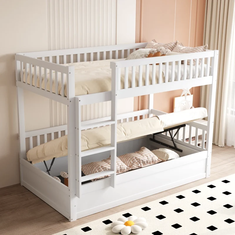 Letto a castello per bambini 90x200 cm con contenitore idraulico in legno massello bianco