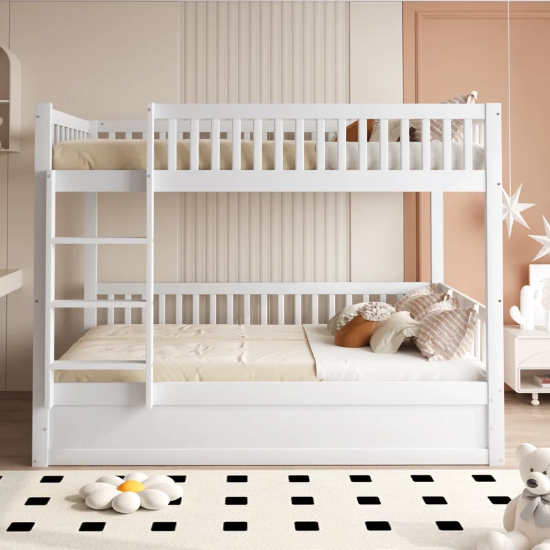 Letto a castello per bambini 90x200 cm con contenitore idraulico in legno massello bianco