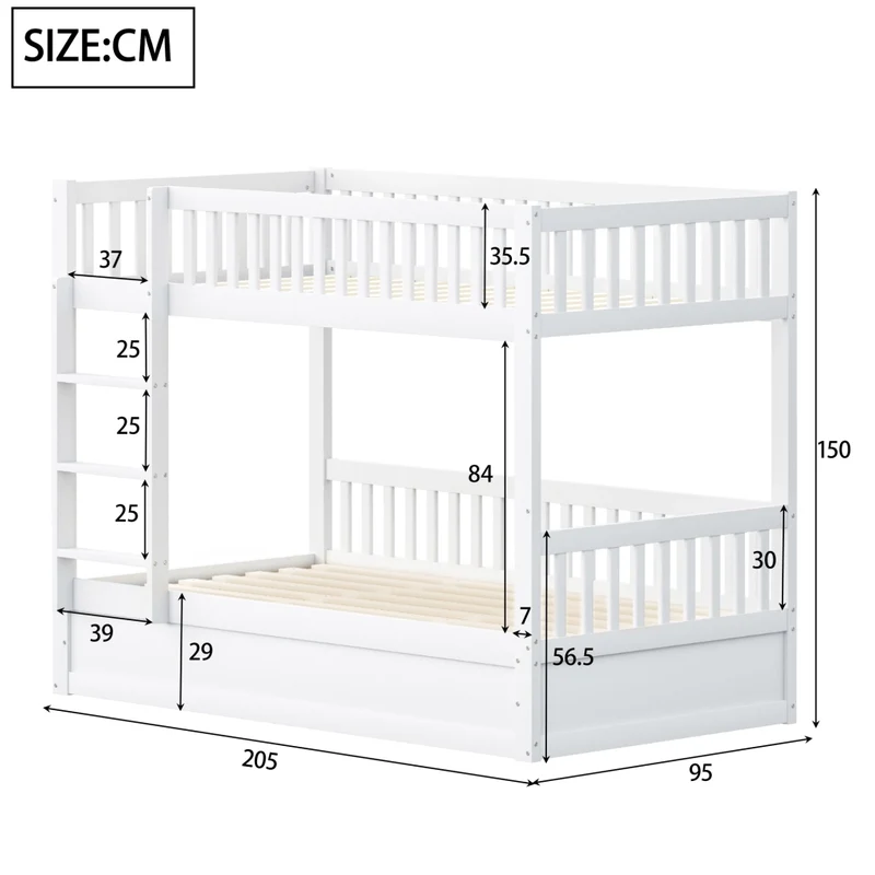 Letto a castello per bambini 90x200 cm con contenitore idraulico in legno massello bianco