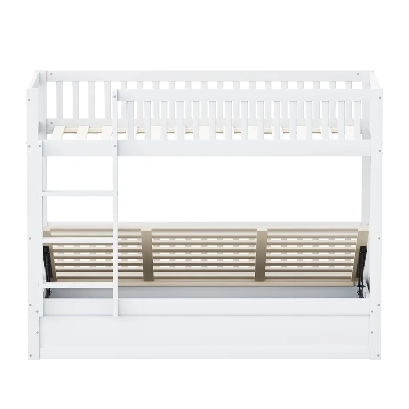 Letto a castello per bambini 90x200 cm con contenitore idraulico in legno massello bianco