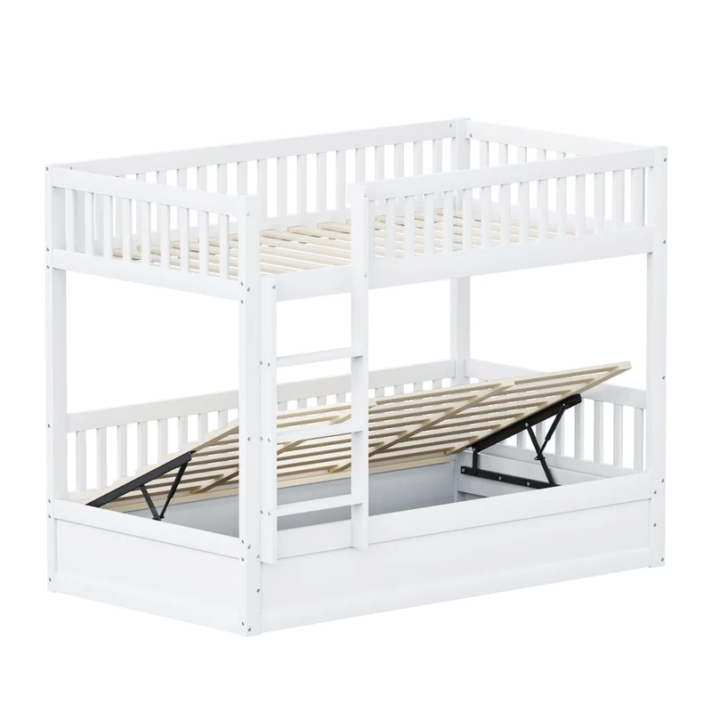 Letto a castello per bambini 90x200 cm con contenitore idraulico in legno massello bianco