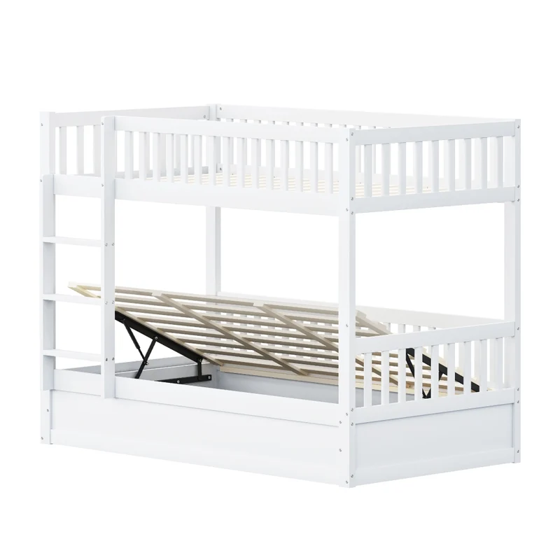 Letto a castello per bambini 90x200 cm con contenitore idraulico in legno massello bianco
