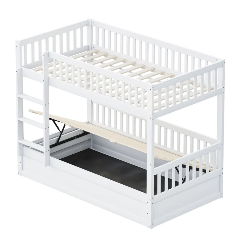 Letto a castello per bambini 90x200 cm con contenitore idraulico in legno massello bianco