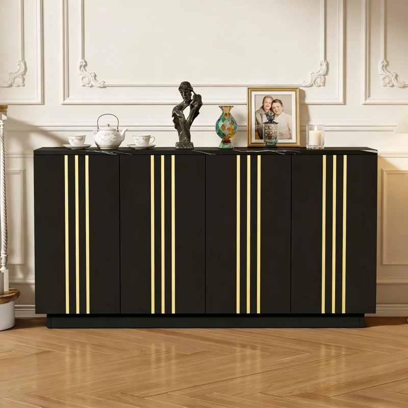 Credenza Soggiorno Nera e Oro 140 cm con 4 Ante e Ripiani Regolabili