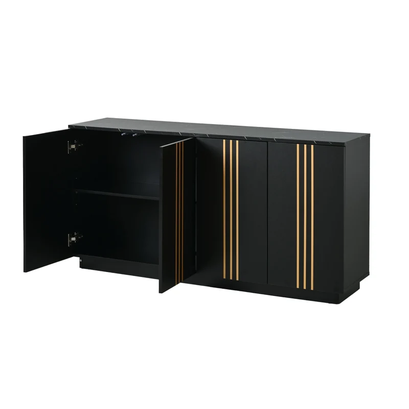 Credenza Soggiorno Nera e Oro 140 cm con 4 Ante e Ripiani Regolabili