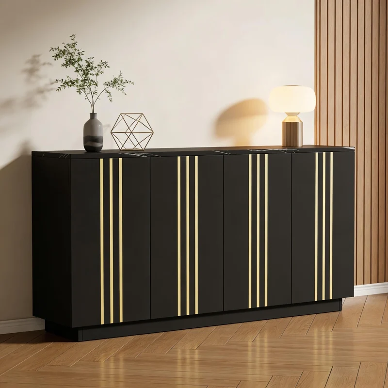 Credenza Soggiorno Nera e Oro 140 cm con 4 Ante e Ripiani Regolabili