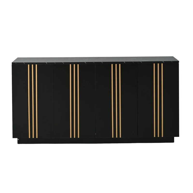 Credenza Soggiorno Nera e Oro 140 cm con 4 Ante e Ripiani Regolabili