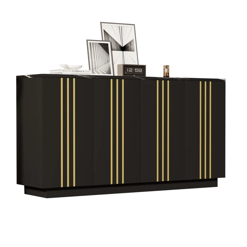 Credenza Soggiorno Nera e Oro 140 cm con 4 Ante e Ripiani Regolabili