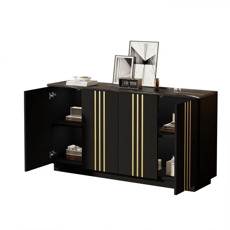 Credenza Soggiorno Nera e Oro 140 cm con 4 Ante e Ripiani Regolabili