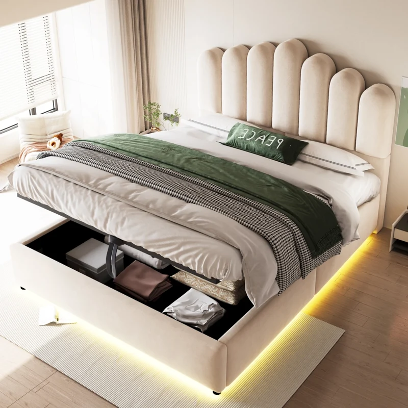 Letto Matrimoniale 140x200 cm Contenitore Idraulico Imbottito in Velluto Beige con LED e Testiera