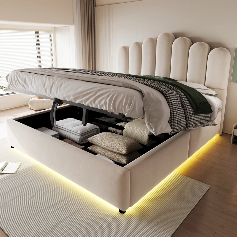 Letto Matrimoniale 140x200 cm Contenitore Idraulico Imbottito in Velluto Beige con LED e Testiera
