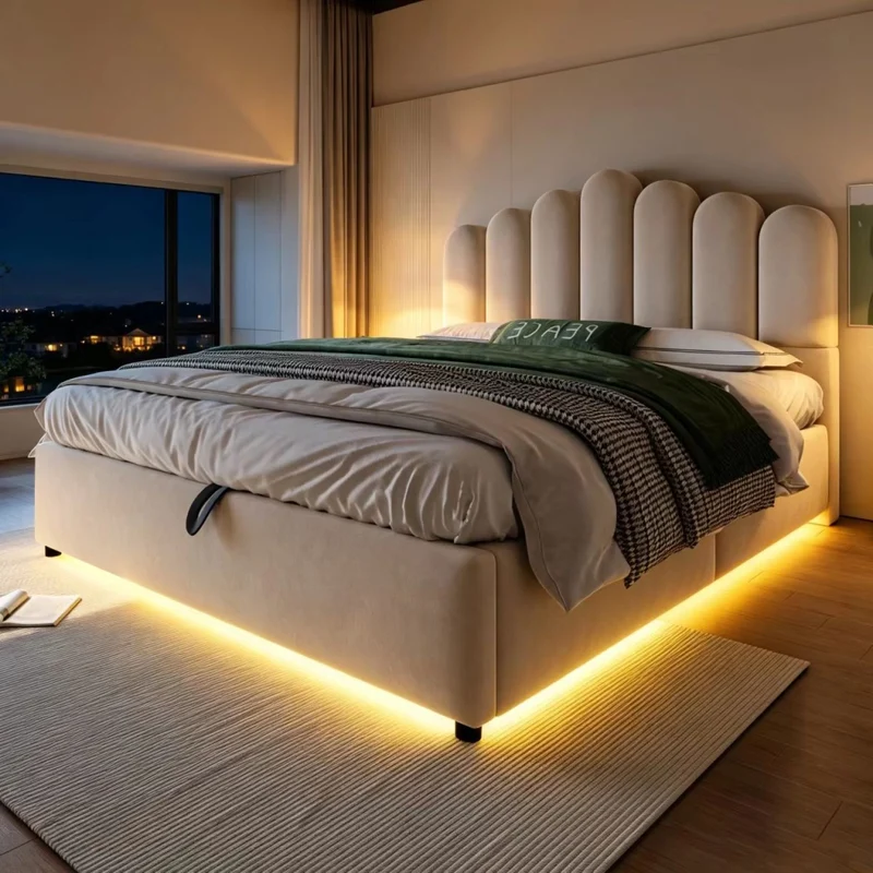 Letto Matrimoniale 140x200 cm Contenitore Idraulico Imbottito in Velluto Beige con LED e Testiera