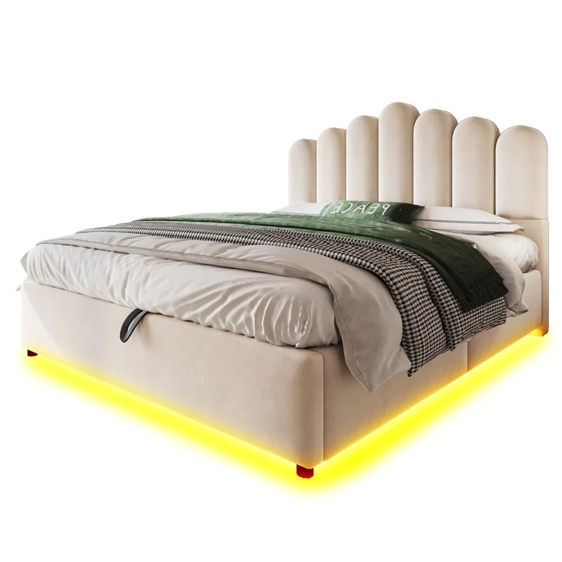 Letto Matrimoniale 140x200 cm Contenitore Idraulico Imbottito in Velluto Beige con LED e Testiera