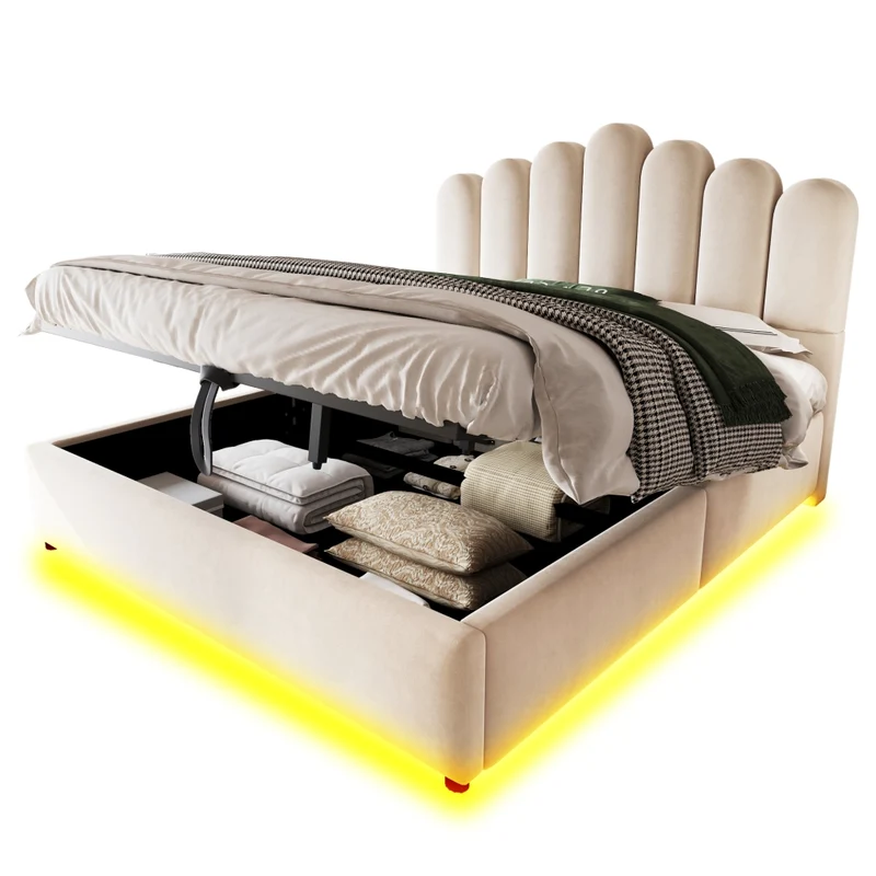 Letto Matrimoniale 140x200 cm Contenitore Idraulico Imbottito in Velluto Beige con LED e Testiera