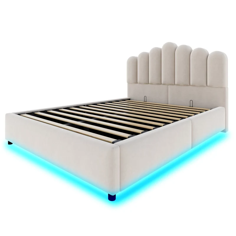 Letto Matrimoniale 140x200 cm Contenitore Idraulico Imbottito in Velluto Beige con LED e Testiera