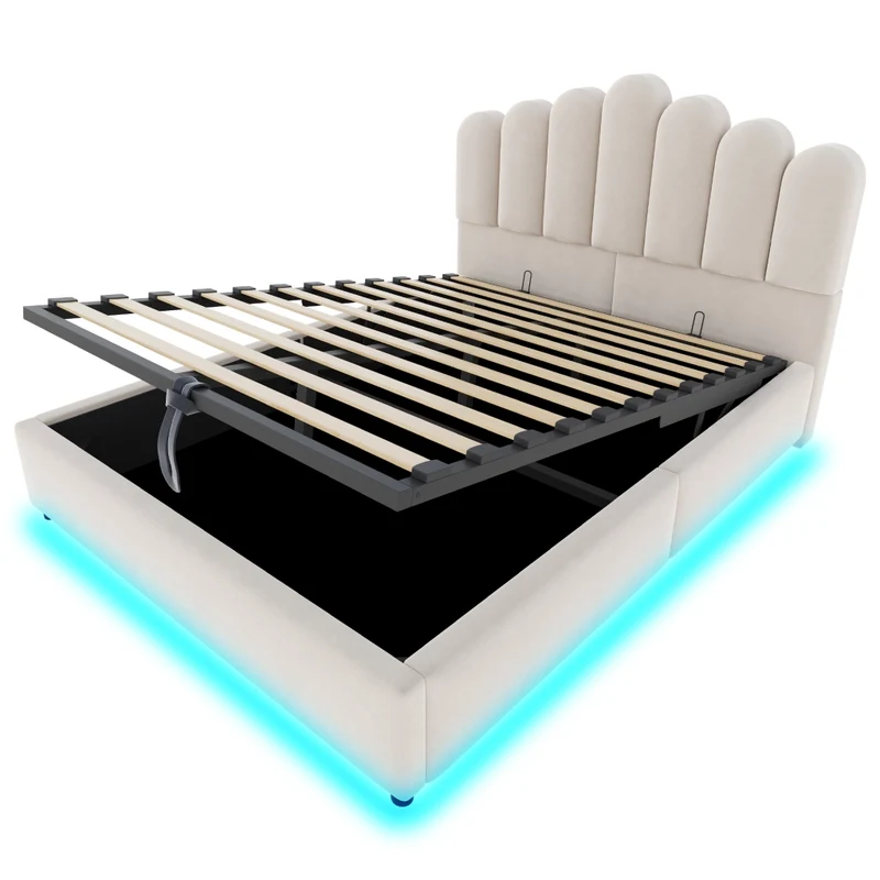 Letto Matrimoniale 140x200 cm Contenitore Idraulico Imbottito in Velluto Beige con LED e Testiera