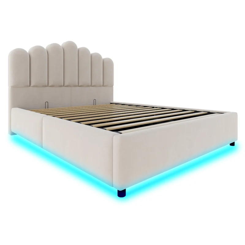 Letto Matrimoniale 140x200 cm Contenitore Idraulico Imbottito in Velluto Beige con LED e Testiera