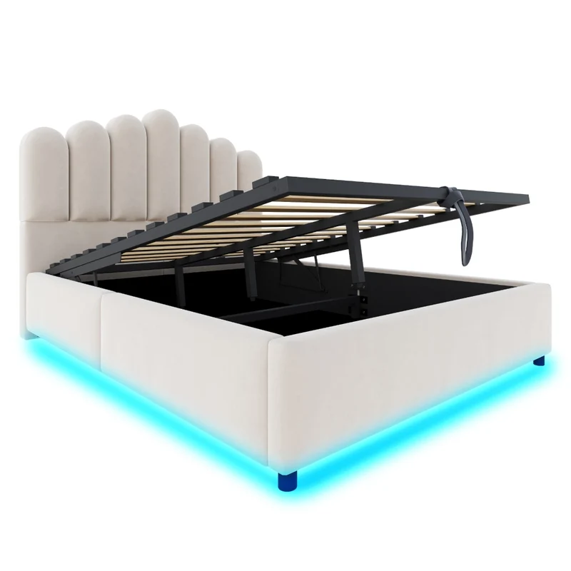 Letto Matrimoniale 140x200 cm Contenitore Idraulico Imbottito in Velluto Beige con LED e Testiera