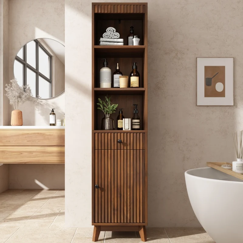 Mobiletto bagno a colonna 172 cm color noce con anta reversibile e cassetto; armadietto a terra in MDF 40x36 cm
