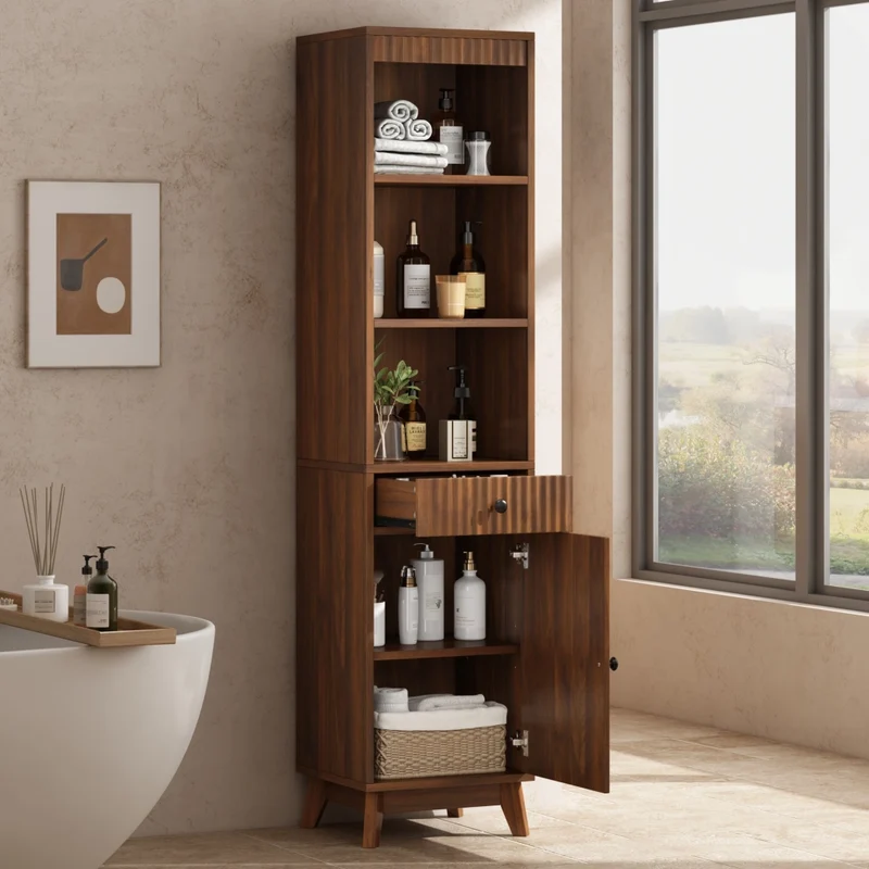 Mobiletto bagno a colonna 172 cm color noce con anta reversibile e cassetto; armadietto a terra in MDF 40x36 cm