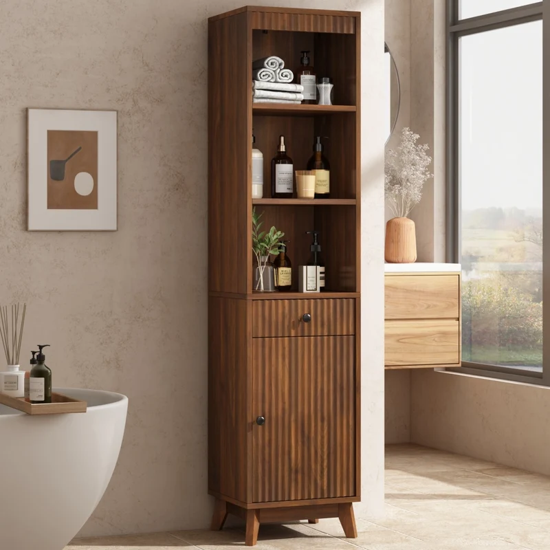 Mobiletto bagno a colonna 172 cm color noce con anta reversibile e cassetto; armadietto a terra in MDF 40x36 cm