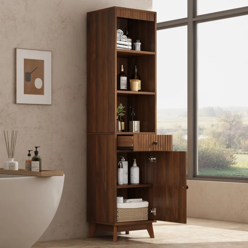Mobiletto bagno a colonna 172 cm color noce con anta reversibile e cassetto; armadietto a terra in MDF 40x36 cm