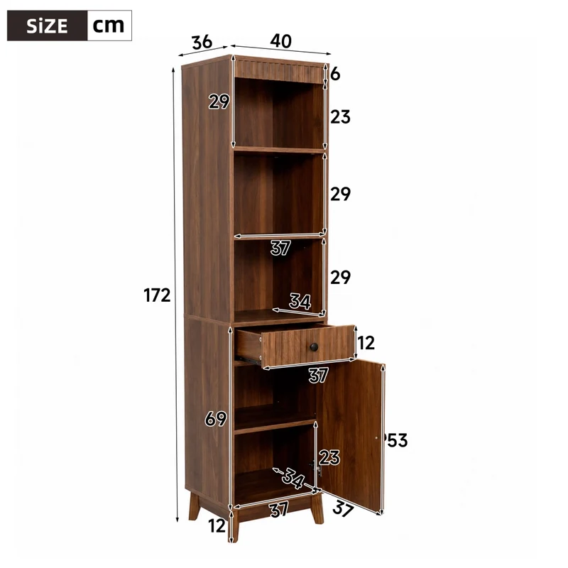 Mobiletto bagno a colonna 172 cm color noce con anta reversibile e cassetto; armadietto a terra in MDF 40x36 cm