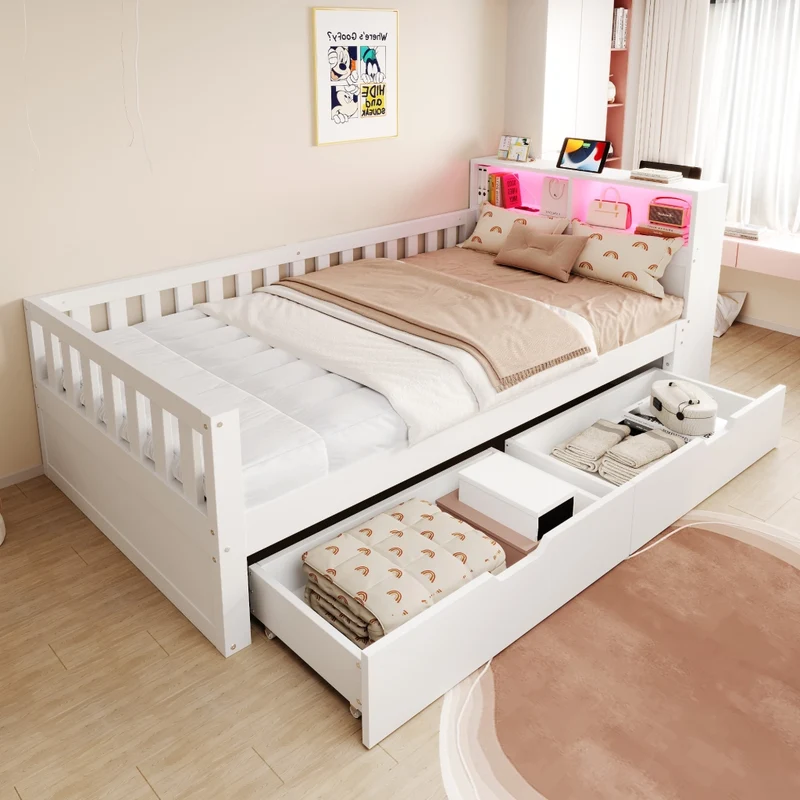 Letto Singolo Multifunzione 90x200 cm in Legno con Cassetti; Mensole; LED e Prese USB; Bianco