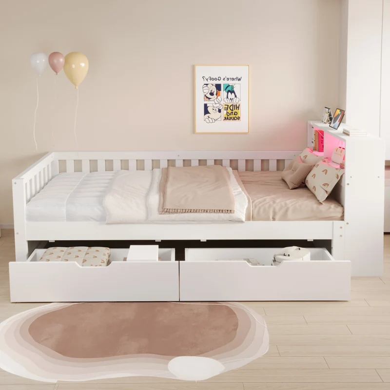 Letto Singolo Multifunzione 90x200 cm in Legno con Cassetti; Mensole; LED e Prese USB; Bianco
