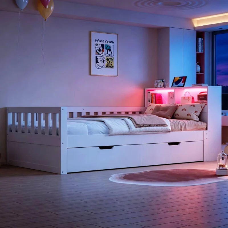 Letto Singolo Multifunzione 90x200 cm in Legno con Cassetti; Mensole; LED e Prese USB; Bianco