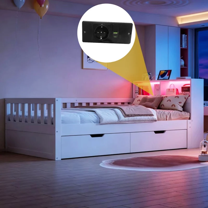 Letto Singolo Multifunzione 90x200 cm in Legno con Cassetti; Mensole; LED e Prese USB; Bianco