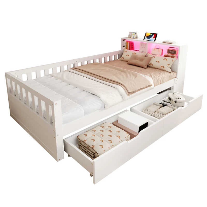 Letto Singolo Multifunzione 90x200 cm in Legno con Cassetti; Mensole; LED e Prese USB; Bianco