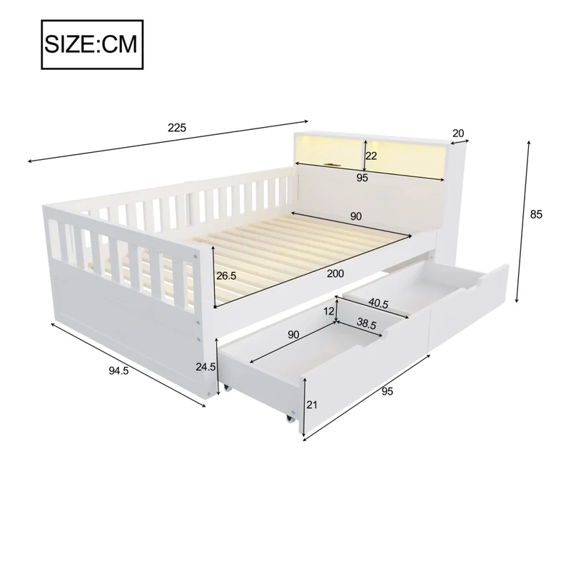Letto Singolo Multifunzione 90x200 cm in Legno con Cassetti; Mensole; LED e Prese USB; Bianco