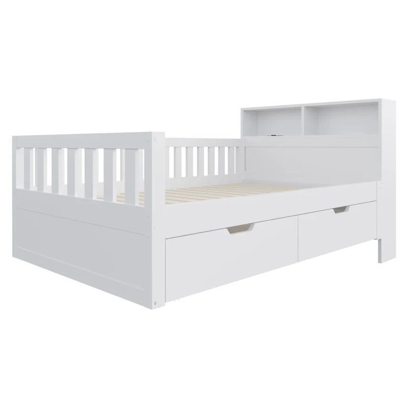 Letto Singolo Multifunzione 90x200 cm in Legno con Cassetti; Mensole; LED e Prese USB; Bianco