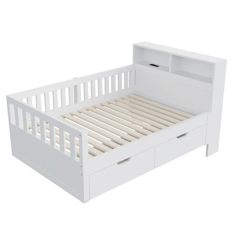 Letto Singolo Multifunzione 90x200 cm in Legno con Cassetti; Mensole; LED e Prese USB; Bianco