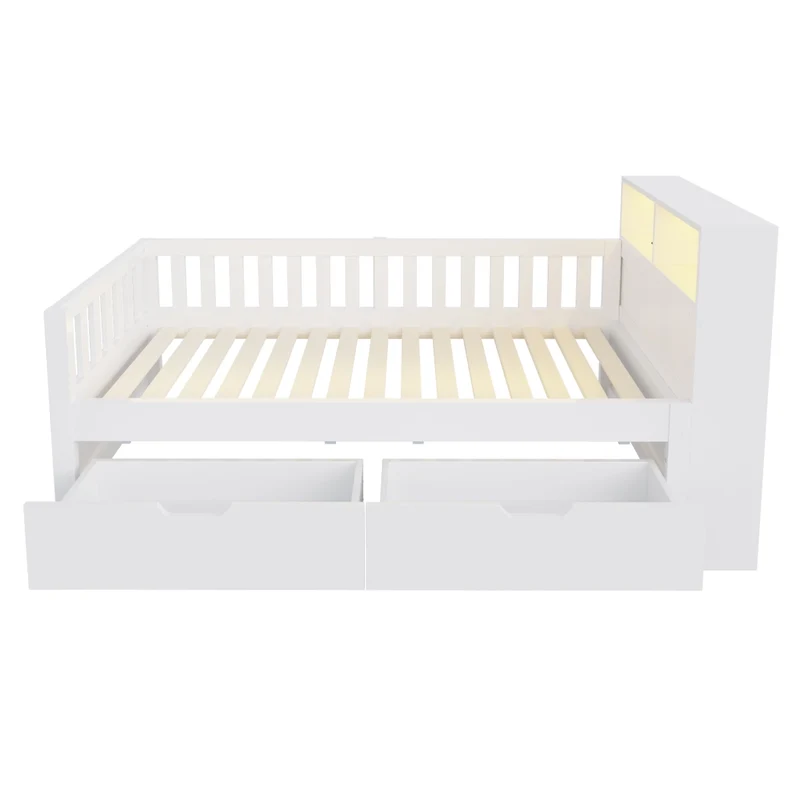 Letto Singolo Multifunzione 90x200 cm in Legno con Cassetti; Mensole; LED e Prese USB; Bianco