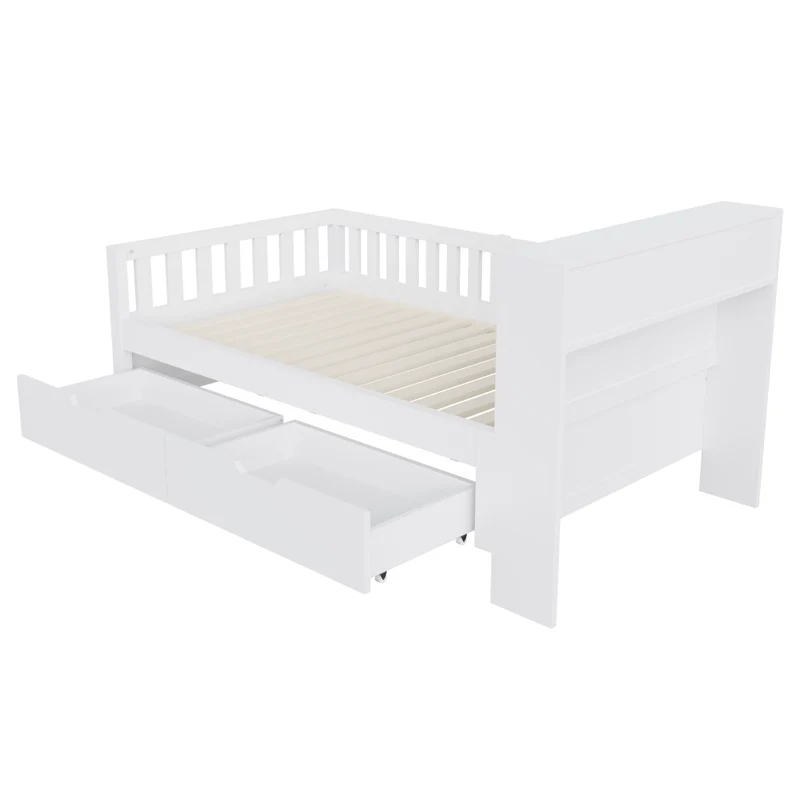 Letto Singolo Multifunzione 90x200 cm in Legno con Cassetti; Mensole; LED e Prese USB; Bianco