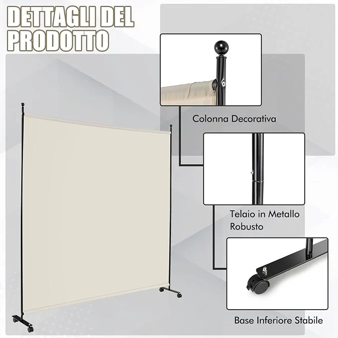Separé Divisorio Singolo 184 x 184 CM, Paravento da Interno ed Esterno con Ruote Bloccabili, Pannello Divisorio per Ambienti Interni Portatile da Soggiorno Camera da Letto e Ufficio (Bianco)
