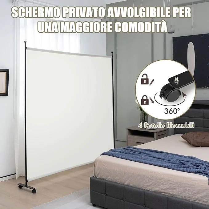 Separé Divisorio Singolo 184 x 184 CM, Paravento da Interno ed Esterno con Ruote Bloccabili, Pannello Divisorio per Ambienti Interni Portatile da Soggiorno Camera da Letto e Ufficio (Bianco)